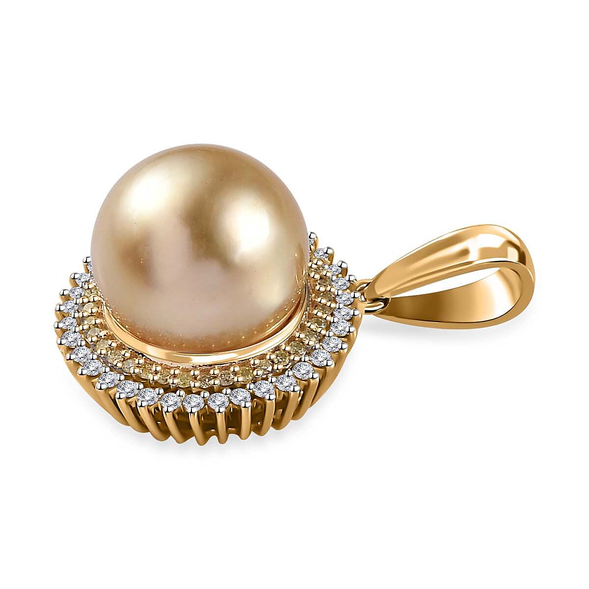 Luxoro 14K Yellow Gold South Sea Golden Pearl, I2 Natural Yellow and White Diamond Sunburst Pendant without Chain 0.25 ctw