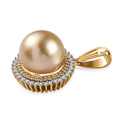Luxoro 14K Yellow Gold South Sea Golden Pearl, I2 Natural Yellow and White Diamond Sunburst Pendant without Chain 0.25 ctw