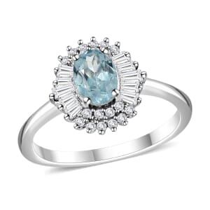 Premium Aqua Kyanite and White Zircon Halo Ring in Platinum Over Sterling Silver (Size 5.0) 1.65 ctw