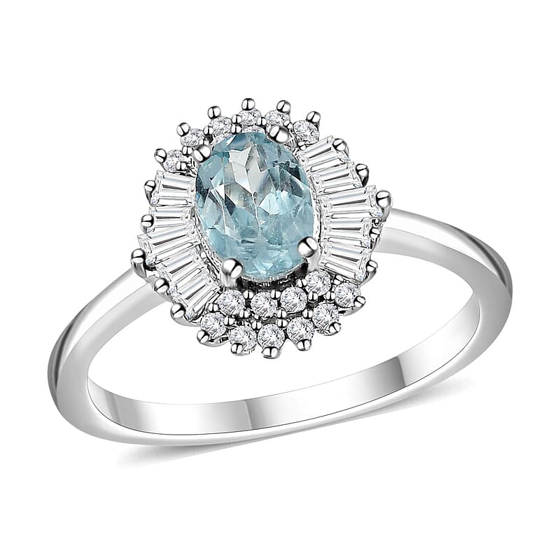 Premium Aqua Kyanite and White Zircon Halo Ring in Platinum Over Sterling Silver (Size 8.0) 1.65 ctw