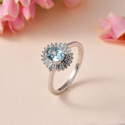 Premium Aqua Kyanite and White Zircon Halo Ring in Platinum Over Sterling Silver (Size 8.0) 1.65 ctw
