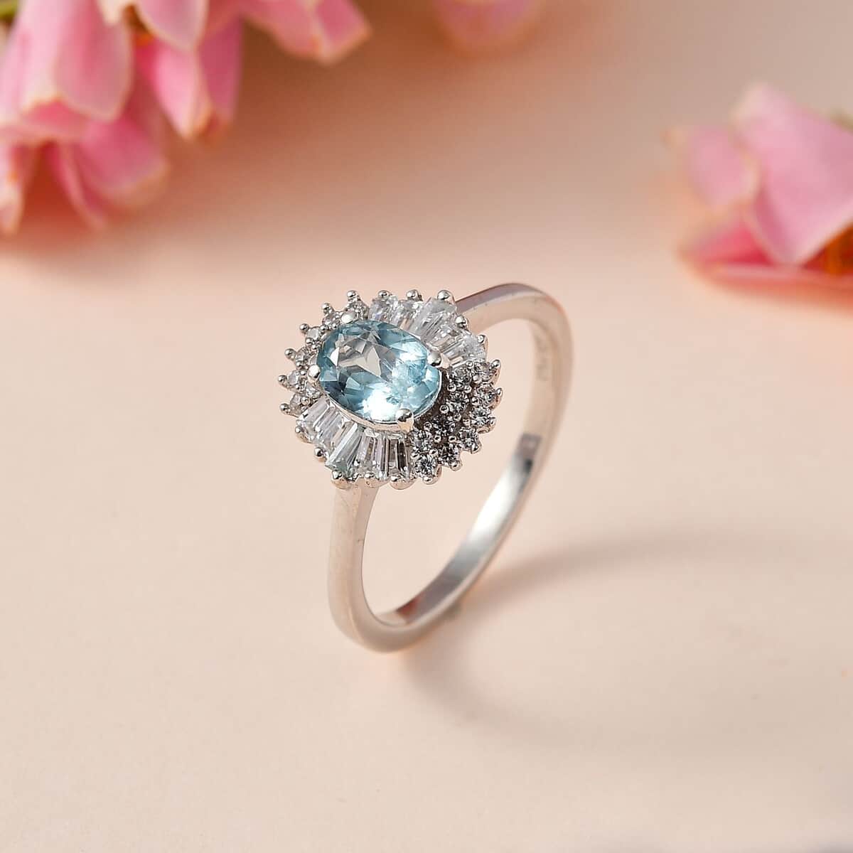 Premium Aqua Kyanite and White Zircon Halo Ring in Platinum Over Sterling Silver (Size 8.0) 1.65 ctw image number 1