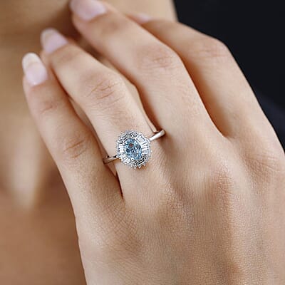 Premium Aqua Kyanite and White Zircon Halo Ring in Platinum Over Sterling Silver (Size 8.0) 1.65 ctw