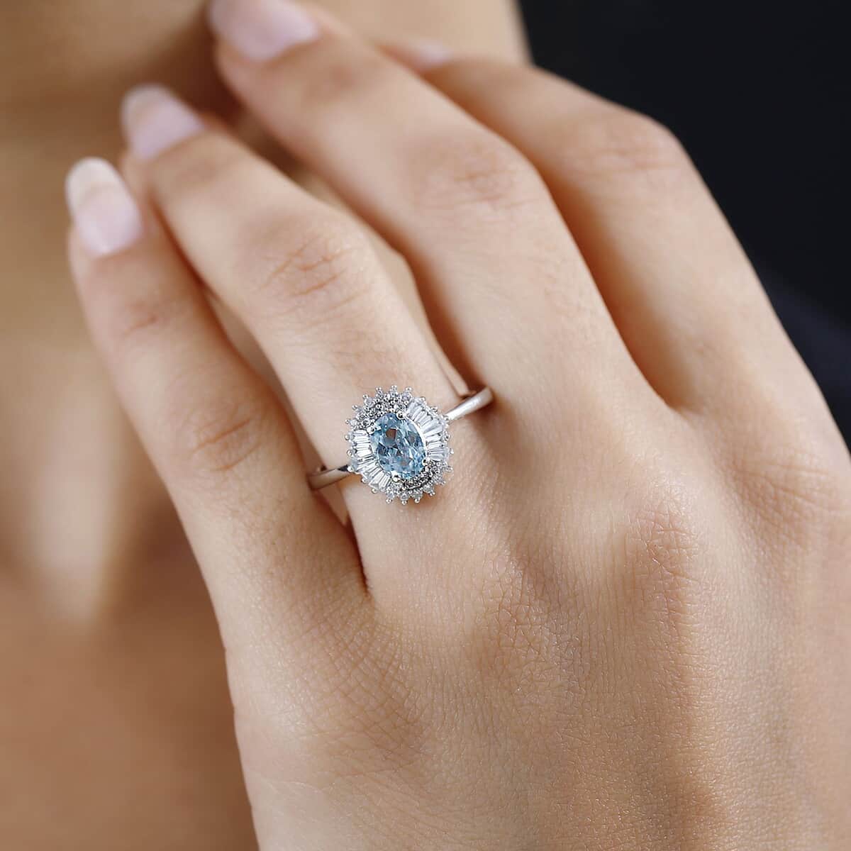 Premium Aqua Kyanite and White Zircon Halo Ring in Platinum Over Sterling Silver (Size 8.0) 1.65 ctw image number 2