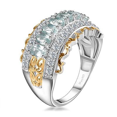 Aqua Kyanite and White Zircon Ring in Vermeil YG and Platinum Over Sterling Silver (Size 10.0) 3.50 ctw