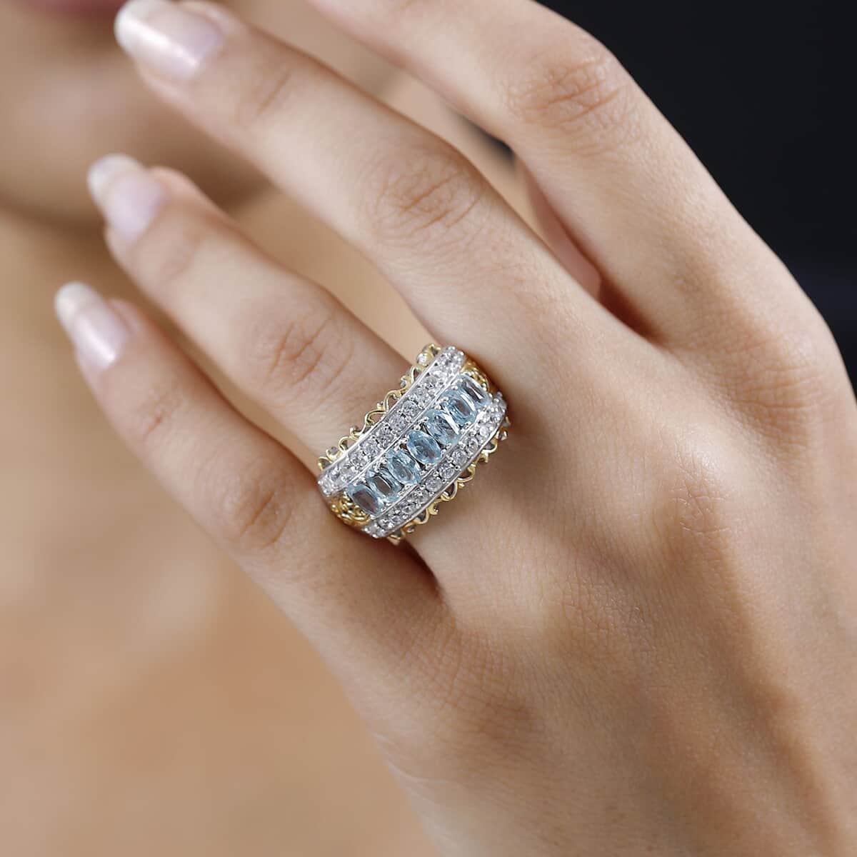 Aqua Kyanite and White Zircon Ring in Vermeil YG and Platinum Over Sterling Silver (Size 9.0) 3.50 ctw image number 2