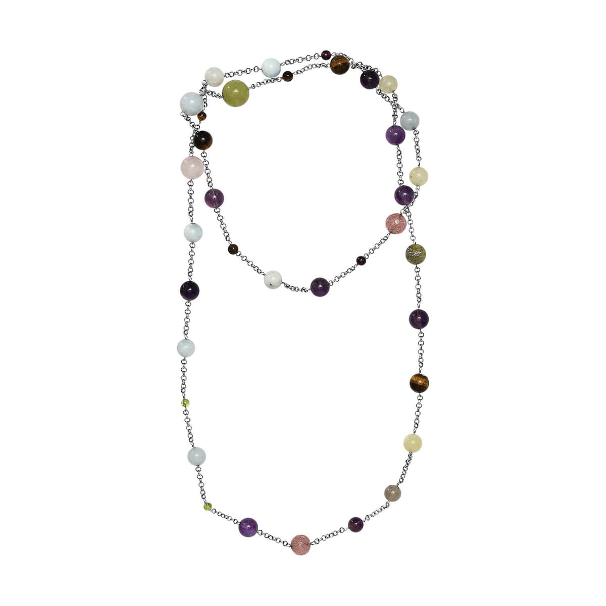 Multi Gemstone Station Necklace 36 Inches in Rhodium Over Sterling Silver 115.00 ctw image number 0