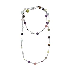 Multi Gemstone Station Necklace 36 Inches in Rhodium Over Sterling Silver 115.00 ctw