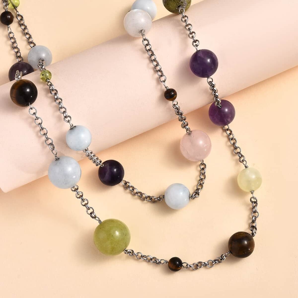 Multi Gemstone Station Necklace 36 Inches in Rhodium Over Sterling Silver 115.00 ctw image number 1