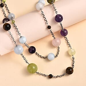 Multi Gemstone 115.00 ctw Station Necklace 36 Inches in Rhodium Over Sterling Silver