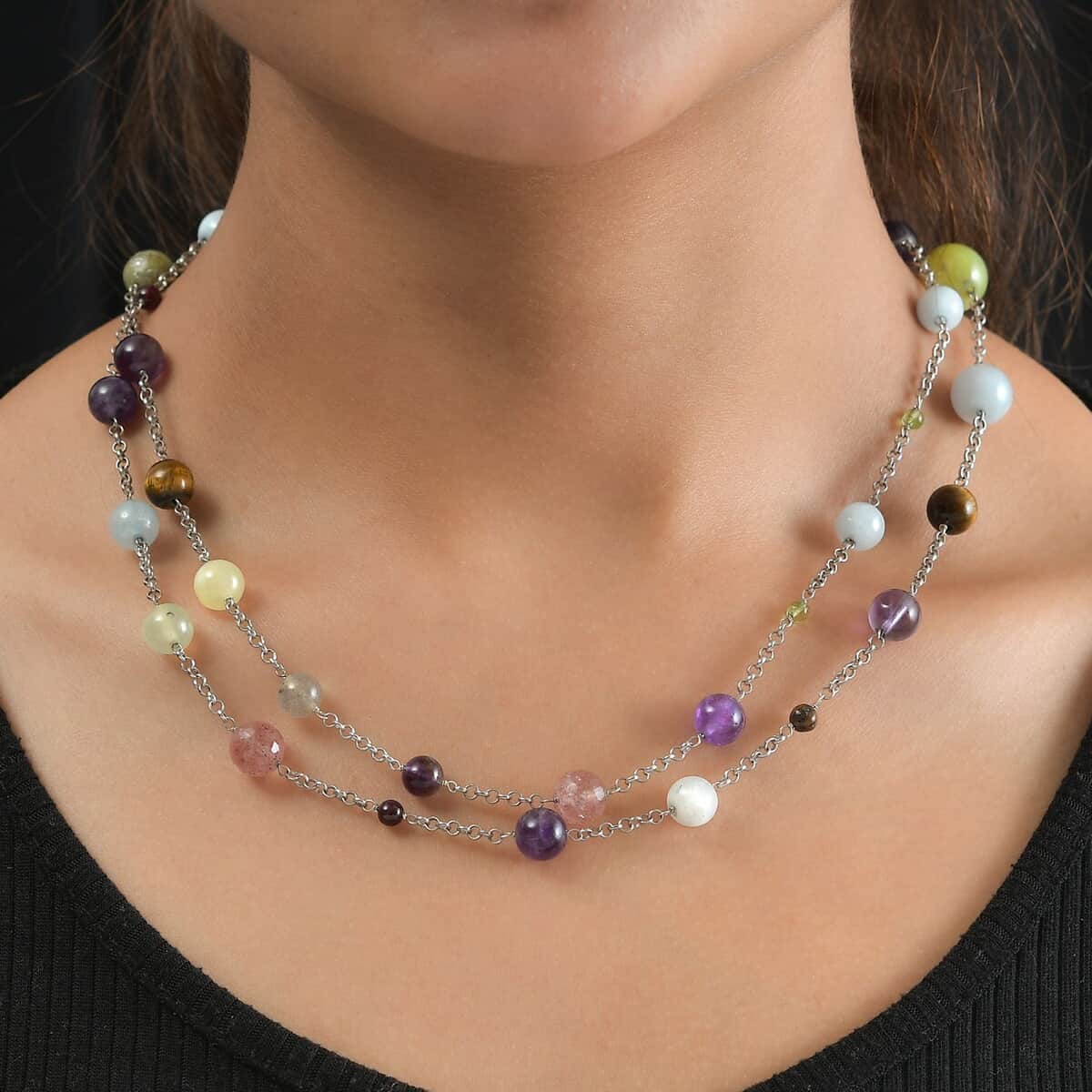 Multi Gemstone Station Necklace 36 Inches in Rhodium Over Sterling Silver 115.00 ctw image number 2