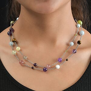 Multi Gemstone 115.00 ctw Station Necklace 36 Inches in Rhodium Over Sterling Silver