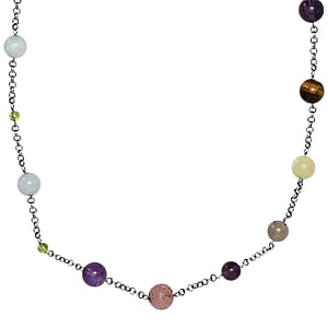Multi Gemstone 115.00 ctw Station Necklace 36 Inches in Rhodium Over Sterling Silver