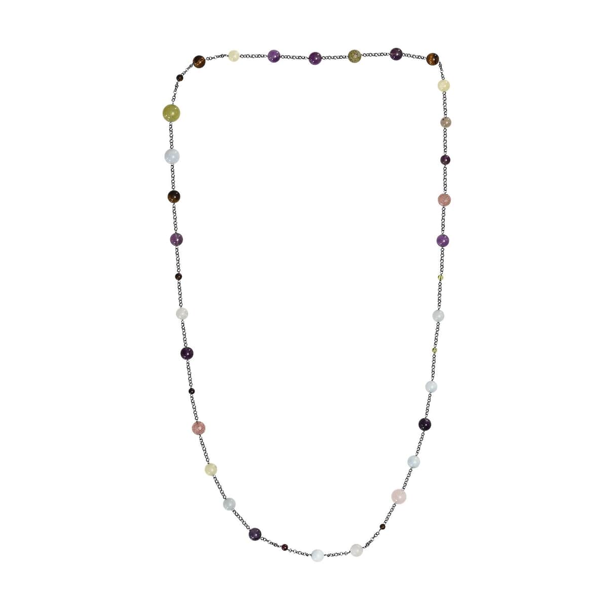 Multi Gemstone Station Necklace 36 Inches in Rhodium Over Sterling Silver 115.00 ctw image number 4