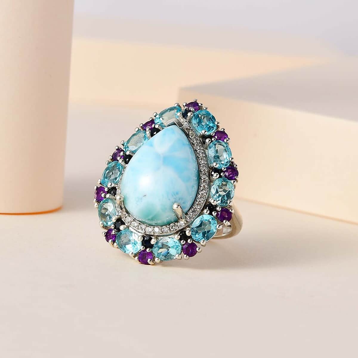 Larimar and Multi Gemstone Cocktail Ring in Platinum Over Sterling Silver (Size 10.0) 17.50 ctw image number 1