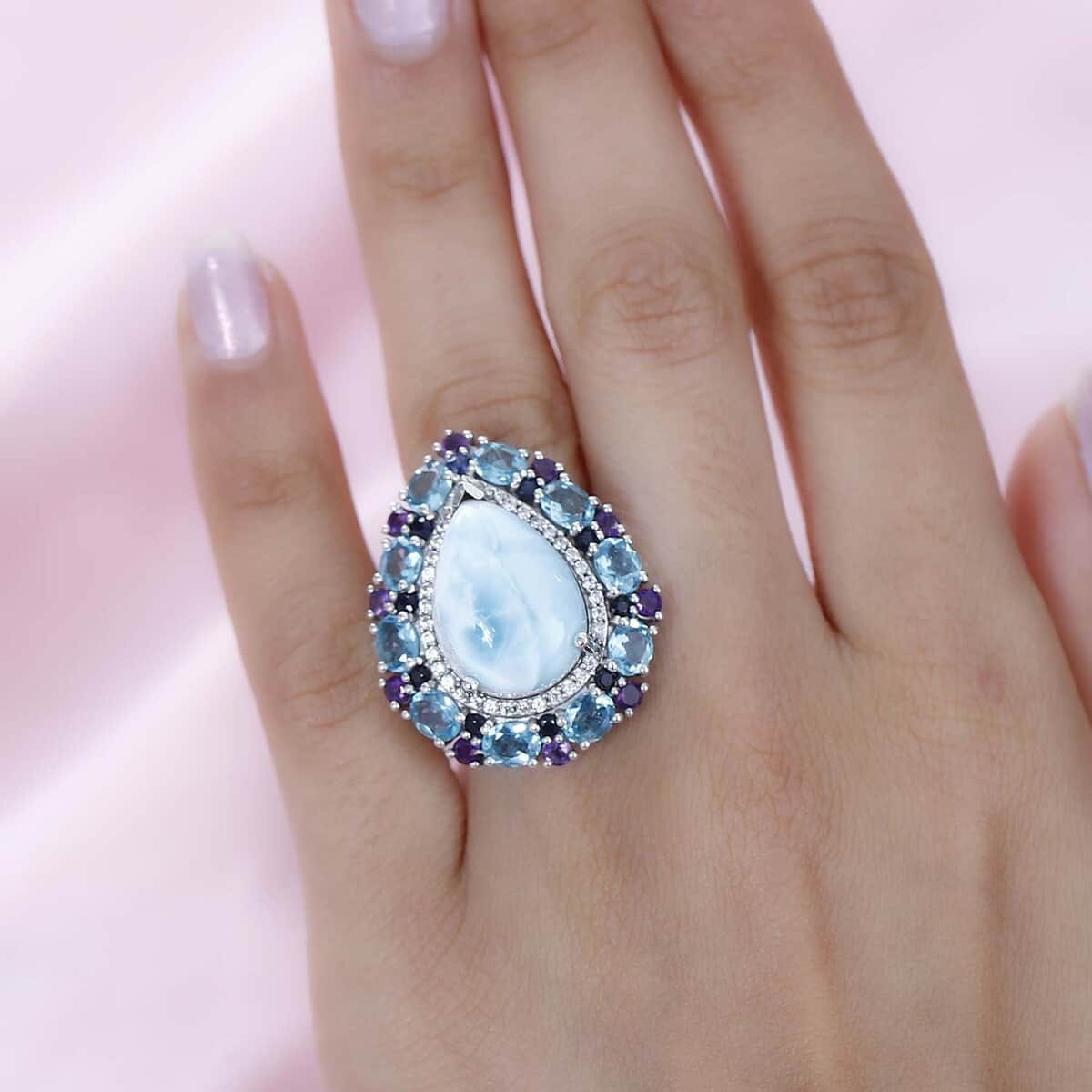 Larimar and Multi Gemstone Cocktail Ring in Platinum Over Sterling Silver (Size 10.0) 17.50 ctw image number 2