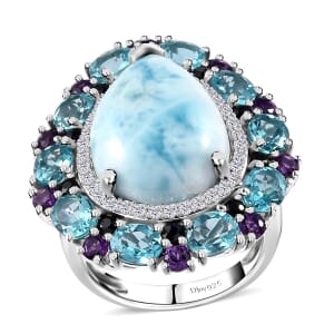 Larimar and Multi Gemstone 17.50 ctw Cocktail Ring in Platinum Over Sterling Silver (Size 6.0)