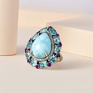 Larimar and Multi Gemstone 17.50 ctw Cocktail Ring in Platinum Over Sterling Silver (Size 6.0)