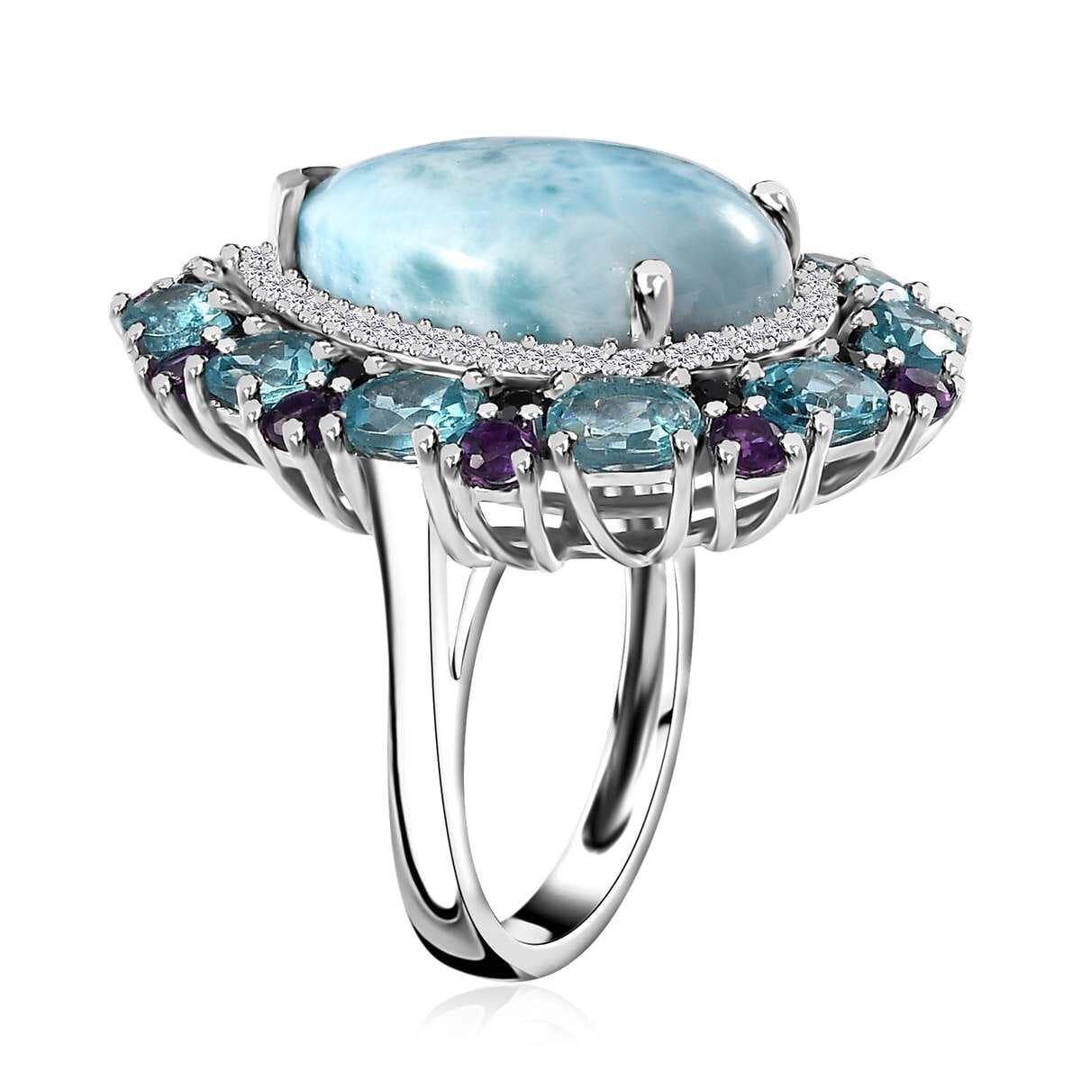 Larimar and Multi Gemstone 17.50 ctw Cocktail Ring in Platinum Over Sterling Silver (Size 6.0) image number 3