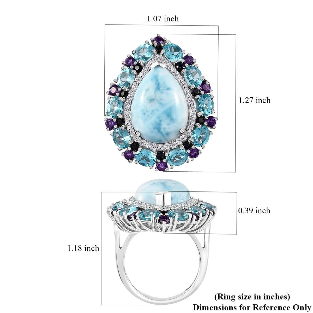 Larimar and Multi Gemstone 17.50 ctw Cocktail Ring in Platinum Over Sterling Silver (Size 6.0) image number 5