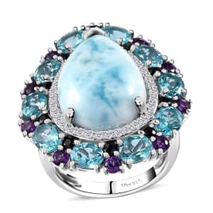 Larimar and Multi Gemstone 17.50 ctw Cocktail Ring in Platinum Over Sterling Silver (Size 7.0)