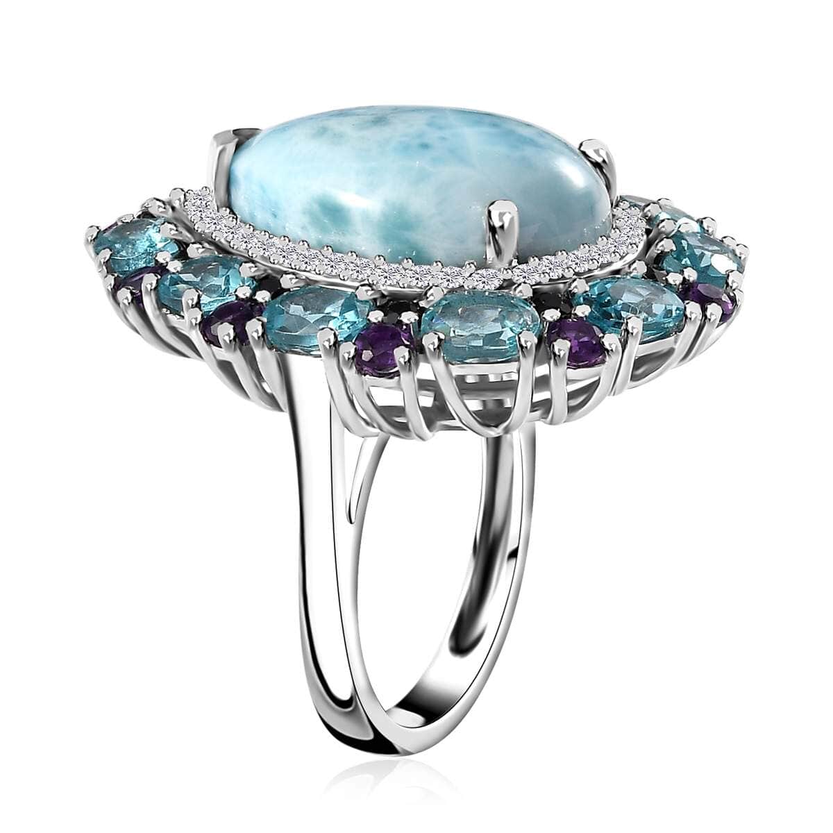 Larimar and Multi Gemstone 17.50 ctw Cocktail Ring in Platinum Over Sterling Silver (Size 7.0) image number 3