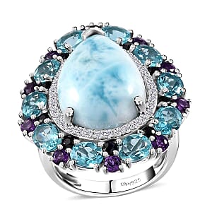 Larimar and Multi Gemstone Cocktail Ring in Platinum Over Sterling Silver (Size 9.0) 17.50 ctw