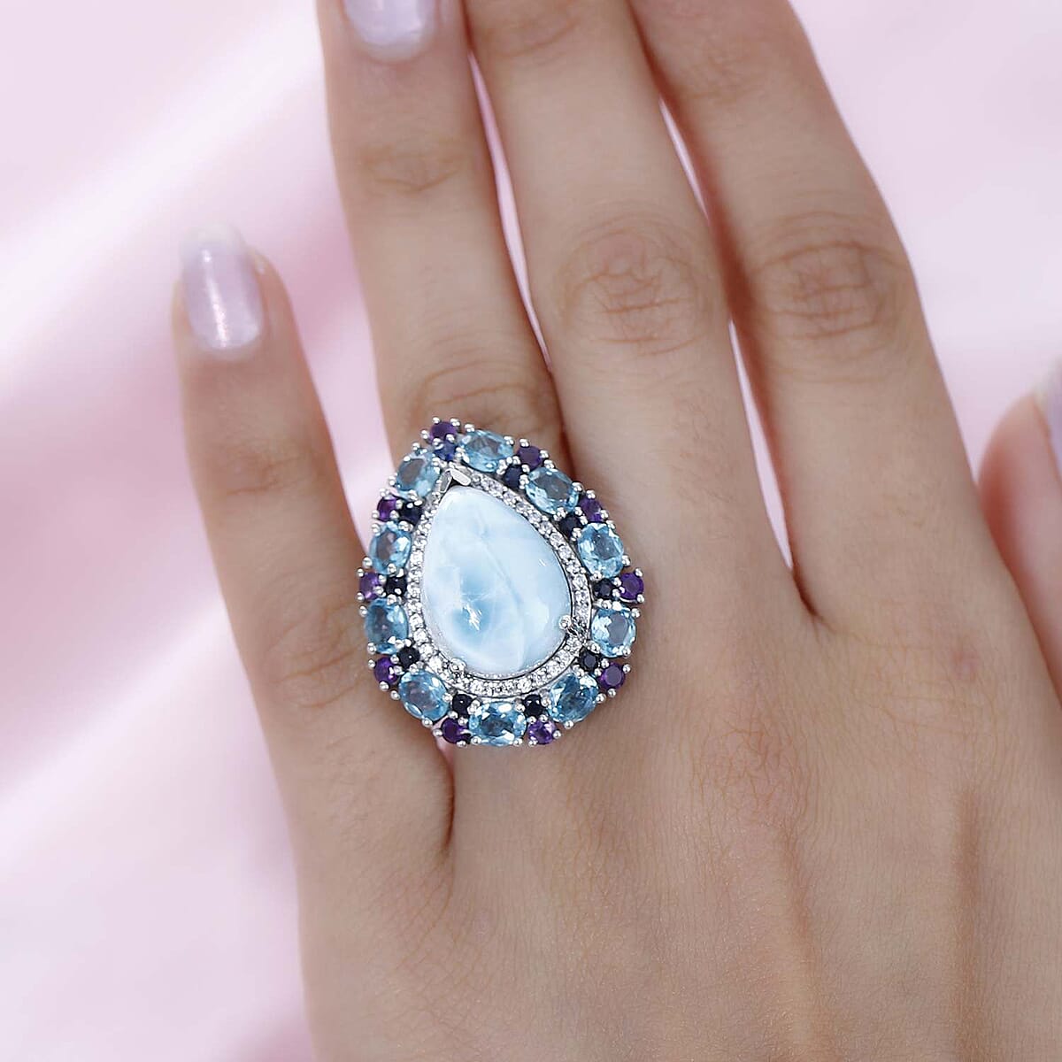 Larimar and Multi Gemstone Cocktail Ring in Platinum Over Sterling Silver (Size 9.0) 17.50 ctw image number 2