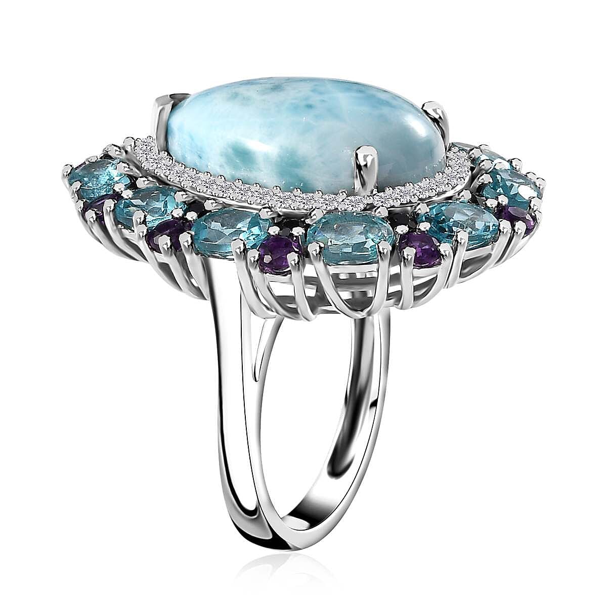 Larimar and Multi Gemstone Cocktail Ring in Platinum Over Sterling Silver (Size 9.0) 17.50 ctw image number 3