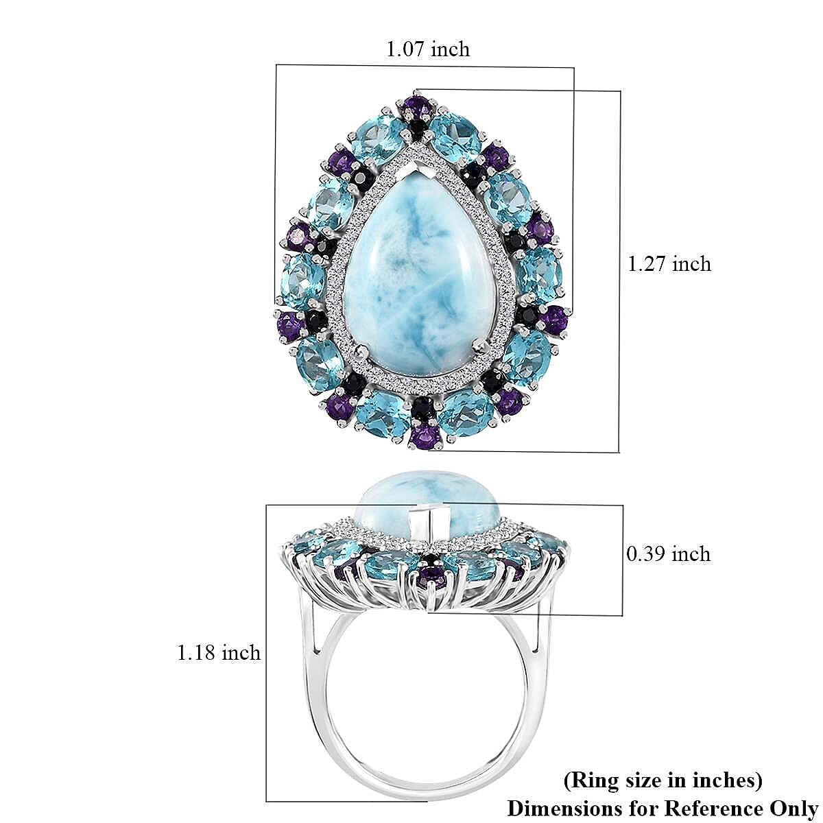 Larimar and Multi Gemstone Cocktail Ring in Platinum Over Sterling Silver (Size 9.0) 17.50 ctw image number 5