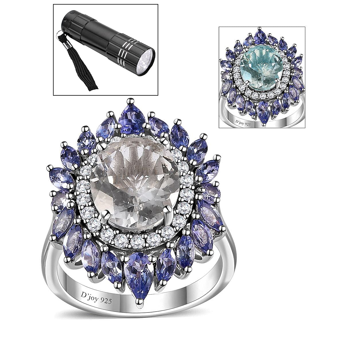 Mexican Hyalite Opal and Multi Gemstone Floral Ring in Platinum Over Sterling Silver (Size 10.0) with Free UV Flash Light 4.90 ctw