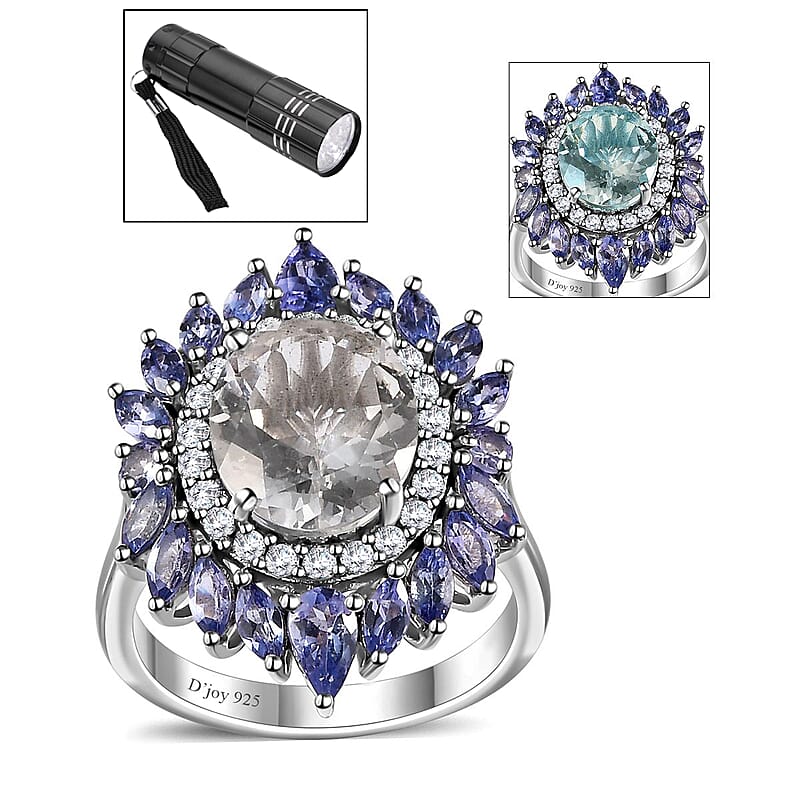Mexican Hyalite Opal and Multi Gemstone Floral Ring in Platinum Over Sterling Silver (Size 10.0) with Free UV Flash Light 4.90 ctw