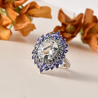 Mexican Hyalite Opal and Multi Gemstone Floral Ring in Platinum Over Sterling Silver (Size 10.0) with Free UV Flash Light 4.90 ctw