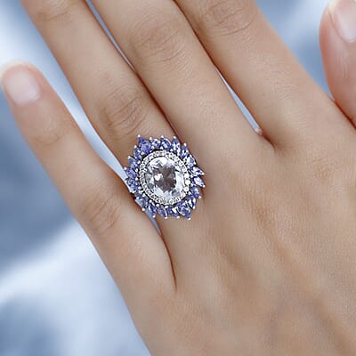 Mexican Hyalite Opal and Multi Gemstone Floral Ring in Platinum Over Sterling Silver (Size 10.0) with Free UV Flash Light 4.90 ctw