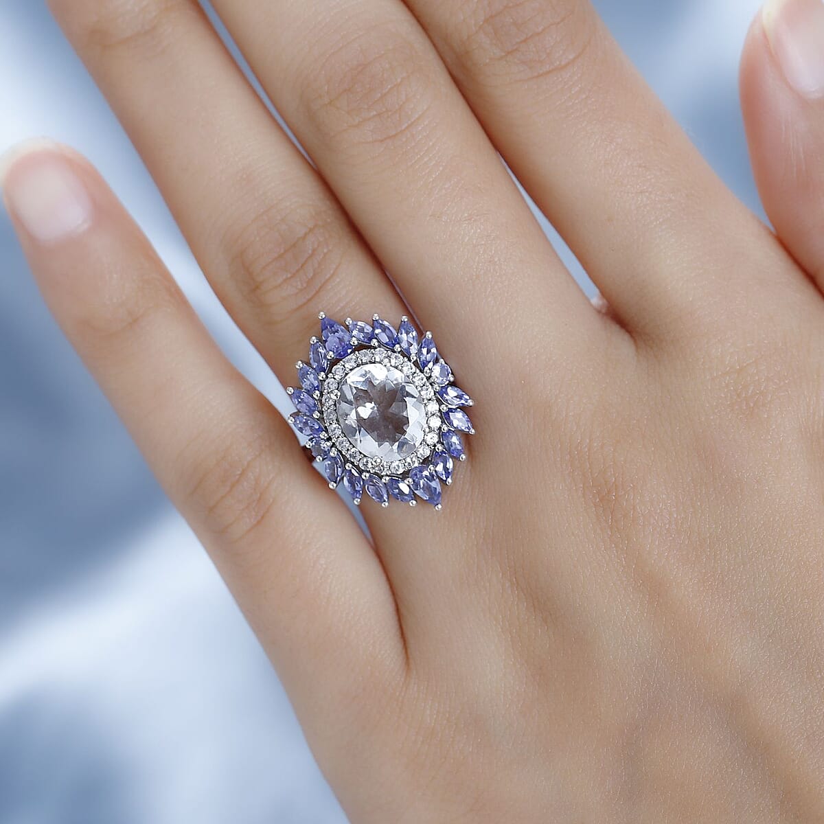 Mexican Hyalite Opal and Multi Gemstone Floral Ring in Platinum Over Sterling Silver (Size 7.0) with Free UV Flash Light 4.90 ctw image number 2
