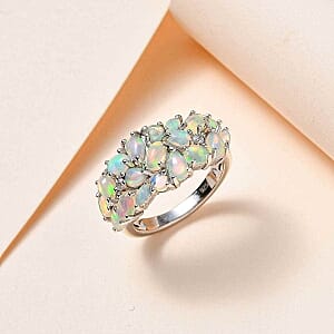 Ethiopian Welo Opal and White Zircon 2.41 ctw Cluster Ring in Rhodium Over Sterling Silver (Size 11.5)