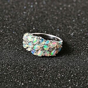 Ethiopian Welo Opal and White Zircon 2.41 ctw Cluster Ring in Rhodium Over Sterling Silver (Size 11.5)