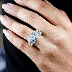 Ethiopian Welo Opal and White Zircon 2.41 ctw Cluster Ring in Rhodium Over Sterling Silver (Size 11.5)