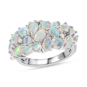 Ethiopian Welo Opal and White Zircon 2.41 ctw Cluster Ring in Rhodium Over Sterling Silver (Size 11.5)