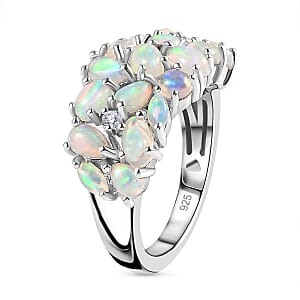 Ethiopian Welo Opal and White Zircon 2.41 ctw Cluster Ring in Rhodium Over Sterling Silver (Size 11.5)