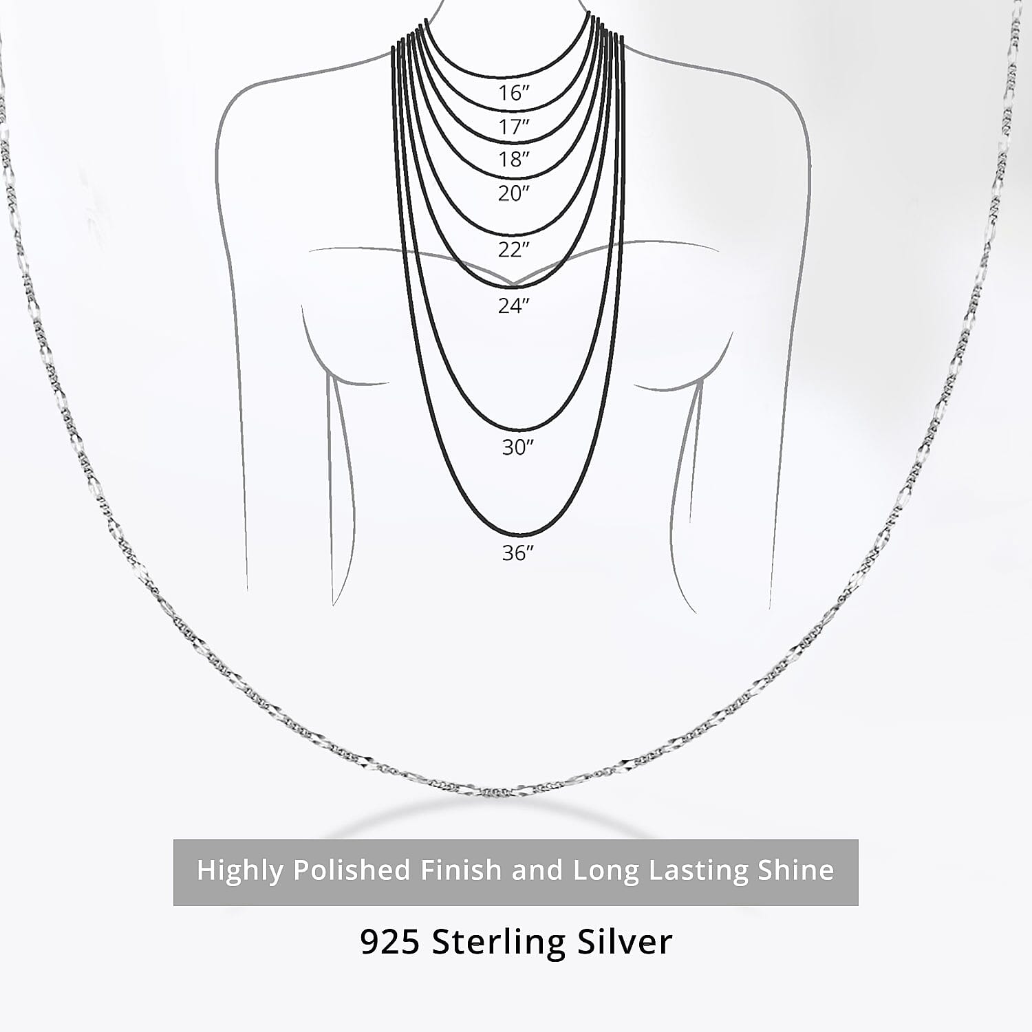 Adjustable Figaro Chain Necklace in Sterling Silver 24 Inches 2.90 Grams