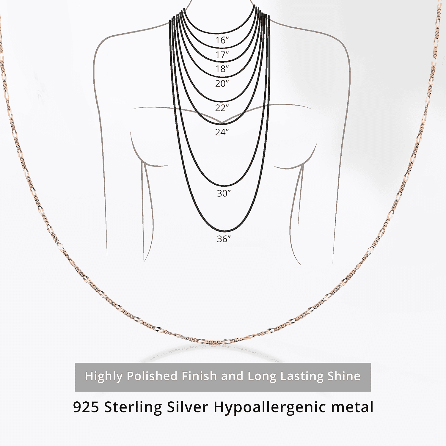 Adjustable Figaro Chain Necklace in Sterling Silver 24 Inches 2.90 Grams