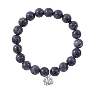Black Labradorite Beaded Stretch Bracelet with Rose Charm in Sterling Silver 140.00 ctw