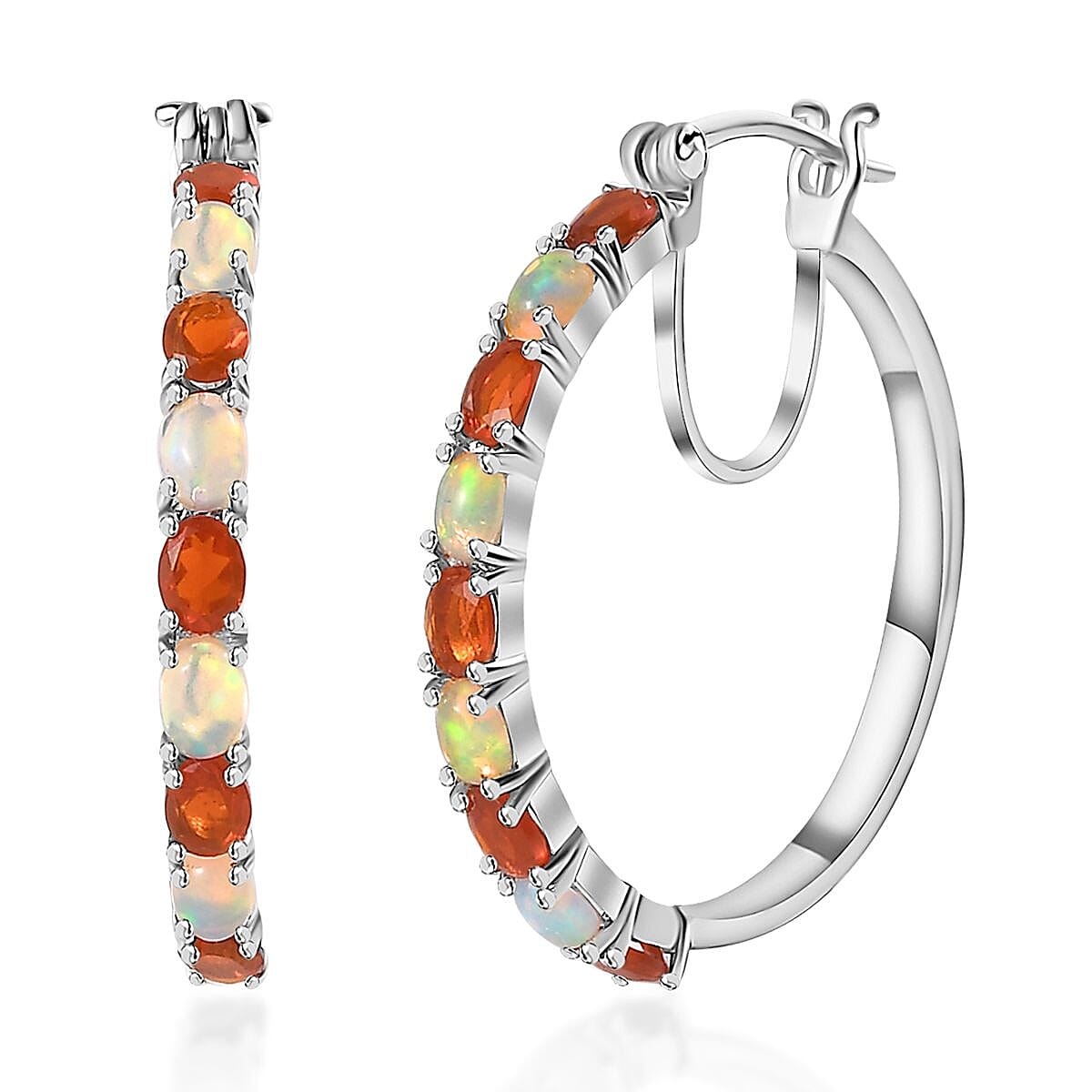 Crimson Fire Opal and Ethiopian Welo Opal Hoop Earrings in Platinum Over Sterling Silver 1.90 ctw image number 0