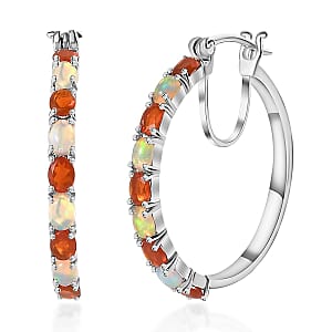Crimson Fire Opal and Ethiopian Welo Opal Hoop Earrings in Platinum Over Sterling Silver 1.90 ctw