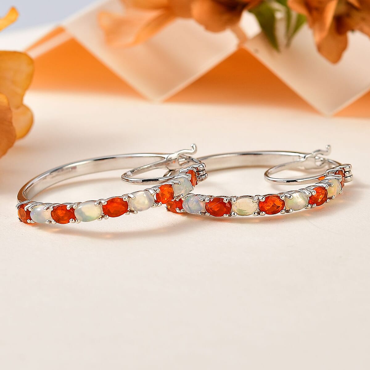 Crimson Fire Opal and Ethiopian Welo Opal Hoop Earrings in Platinum Over Sterling Silver 1.90 ctw image number 1