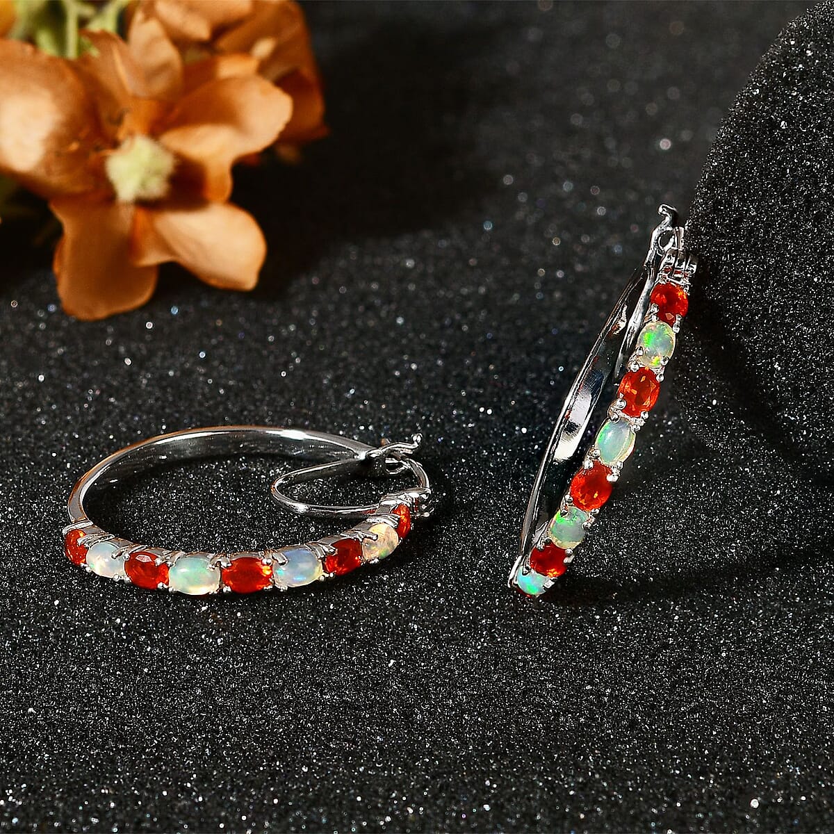 Crimson Fire Opal and Ethiopian Welo Opal Hoop Earrings in Platinum Over Sterling Silver 1.90 ctw image number 2
