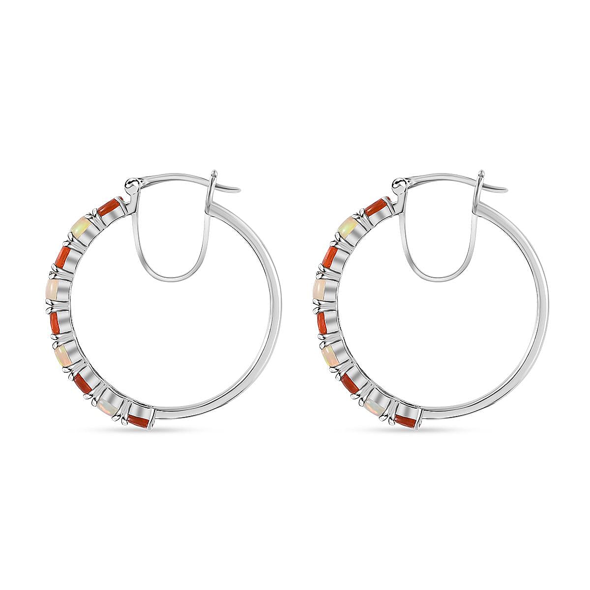 Crimson Fire Opal and Ethiopian Welo Opal Hoop Earrings in Platinum Over Sterling Silver 1.90 ctw image number 4