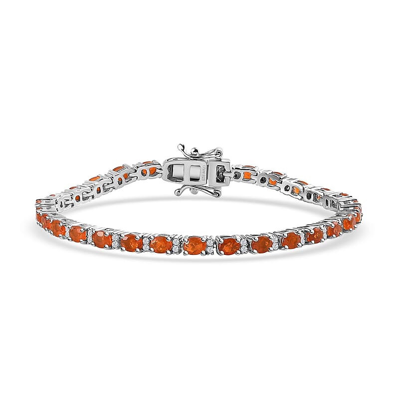 Crimson Fire Opal and White Zircon Tennis Bracelet in Platinum Over Sterling Silver (6.50 In) 4.00 ctw