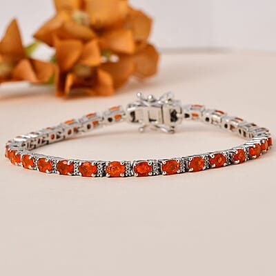 Crimson Fire Opal and White Zircon Tennis Bracelet in Platinum Over Sterling Silver (6.50 In) 4.00 ctw